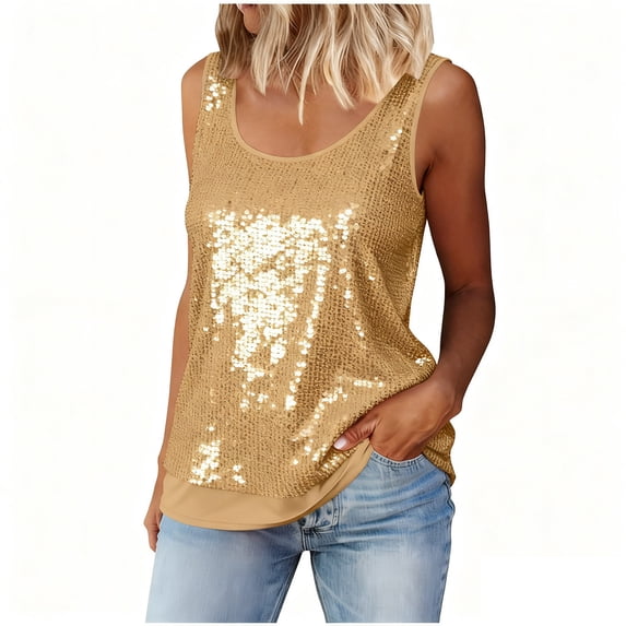 HongQid Womens Sequin Tank Tops Summer Scoop Neck Sleeveless T-shirts Sexy Sparkle Shimmer Tunic Tops