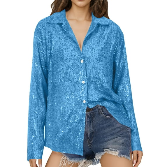 HongQid Womens Sequins Long Sleeve Collared Shirt Button Down Open Front Shirt Loose Blouses Shirts Tops