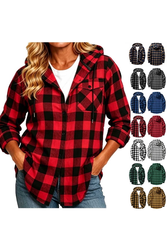 Womens Shacket Hooded Buffalo Plaid Cotton Blend Full Button Long Sleeve Oversized Two Chest Pocket Casual Plaid Shirt Jackets for Women