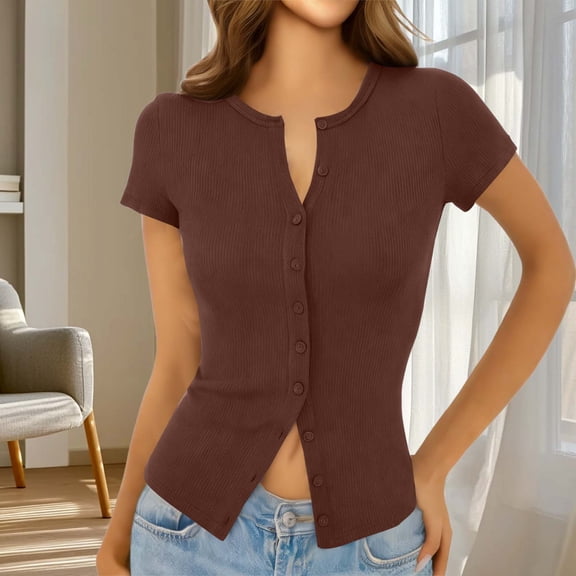 HongQid Womens Short Sleeve Button Up Slim Tshirt Crewneck Button Down Ribbed Knit Cardigan Tee Going Out Basic Dressy Tops