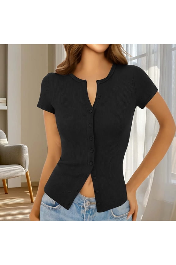 Womens Short Sleeve Button Up Slim Tshirt Crewneck Button Down Ribbed Knit Cardigan Tee Going Out Basic Dressy Tops