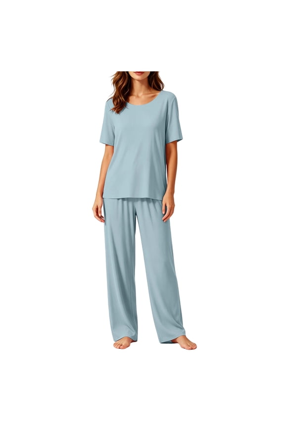 Womens Short Sleeve Solid Pajama Set Scoop Neck Drawstring Wide Leg Soft Breath Loose Spring Summer Sleep Loungewear Two Piece Outfit
