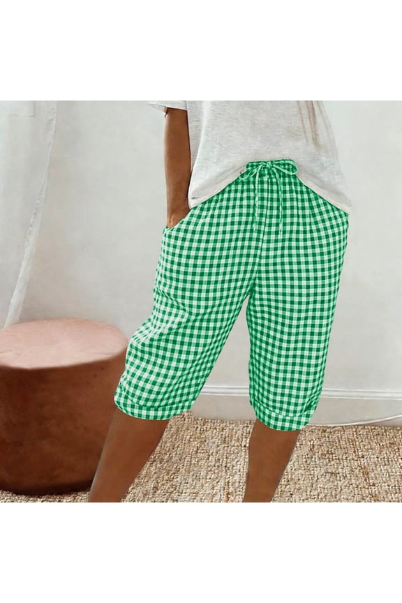 Womens Shorts Casual Loose Elastic Gingham Summer Beach Bermuda Pocketed Capri Pants