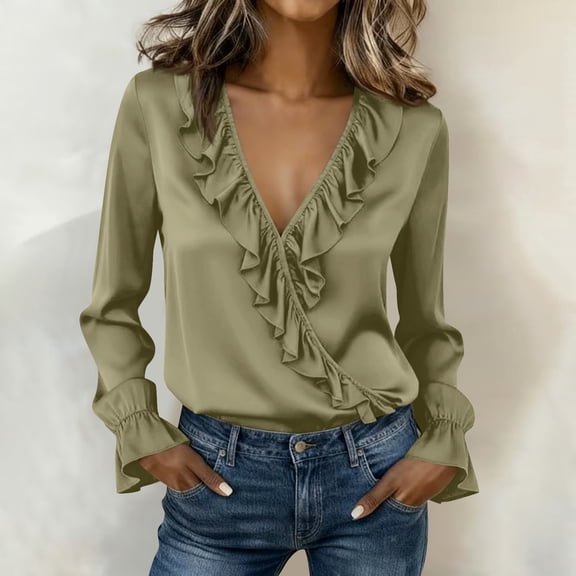 HongQid Womens Silk Dressy Casual Business Blouse Ruffle Long Sleeve Tops Summer V Neck Pleated Work Shirts