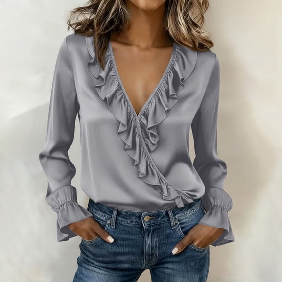 HongQid Womens Silk Dressy Casual Business Blouse Ruffle Long Sleeve Tops Summer V Neck Pleated Work Shirts