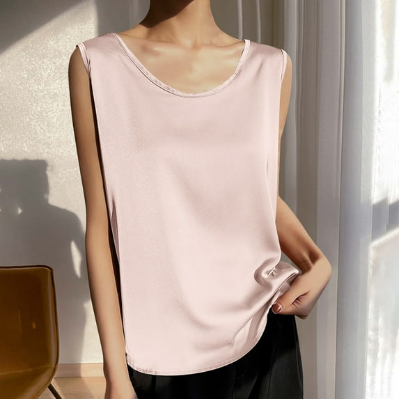 HongQid Womens Silk Satin Tank Tops Summer Tank Shirt Round Neck Sleeveless Blouse Camisole