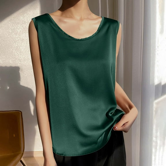 HongQid Womens Silk Satin Tank Tops Summer Tank Shirt Round Neck Sleeveless Blouse Camisole