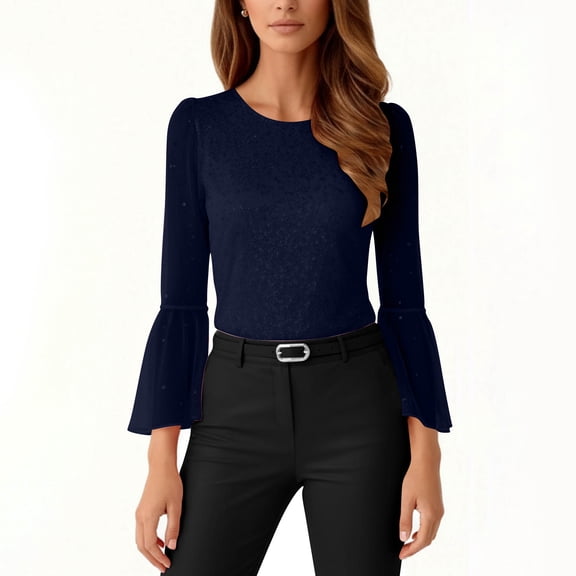 HongQid Womens Sparkle Sequin Tops Mesh Sheer Bell Sleeve Crew Neck Summer Loose Fit Party Clubwear Shirts