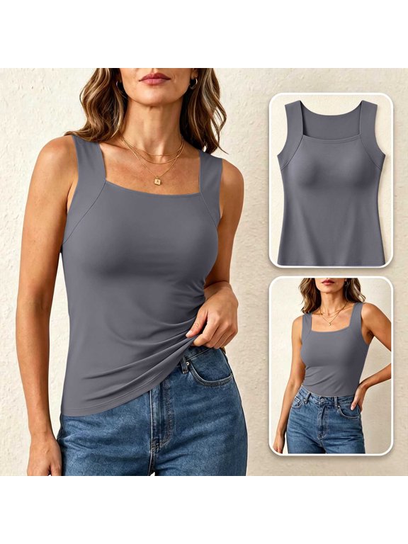 Womens Square Neck Tank Top Built in Bra Sleeveless Camisole with Wide Straps Stretchy Soft Breathable Base Layer Shirt Slim for Spring Summer Casual Outfits Basic Ladies Undershirt