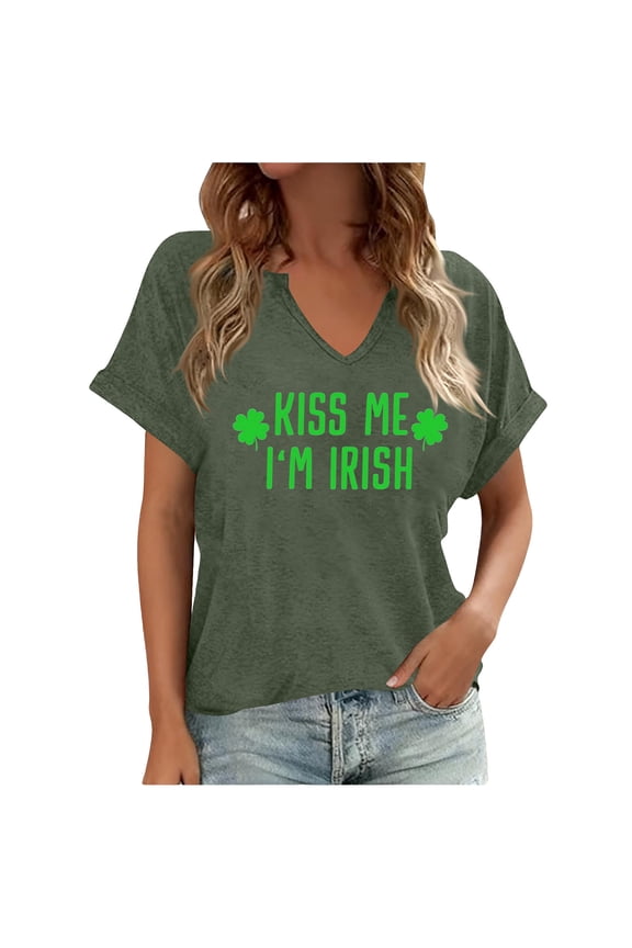 Womens St Patricks Day Shirt V Neck Irish Lucky Paddy's Day Graphic Short Sleeve Tee Tops