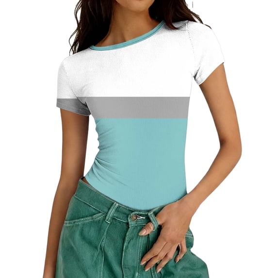 HongQid Womens' Stretchy Ribbed Round Neck Short Sleeve Gym Workout Slim Fitted Casual Cropped Top T-Shirt