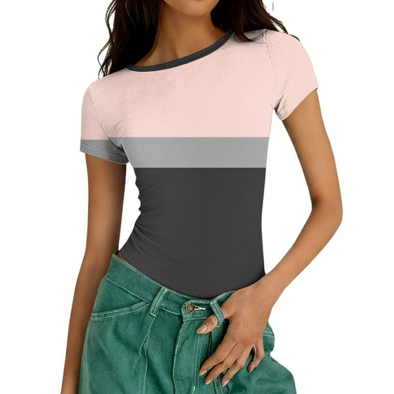 HongQid Womens' Stretchy Ribbed Round Neck Short Sleeve Gym Workout Slim Fitted Casual Cropped Top T-Shirt