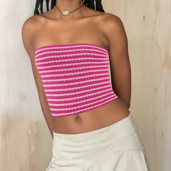 HongQid Womens Striped Tube Top Strapless Sexy Y2K Summer Going Out Slim Fit Knit Bandeau Sweater Tops