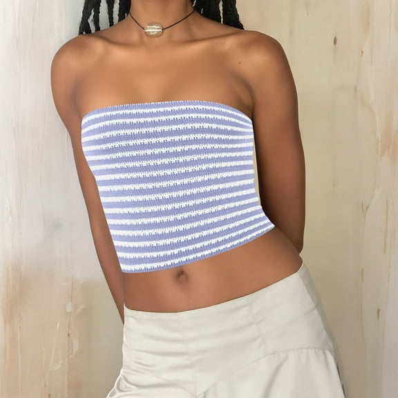 HongQid Womens Striped Tube Top Strapless Sexy Y2K Summer Going Out Slim Fit Knit Bandeau Sweater Tops