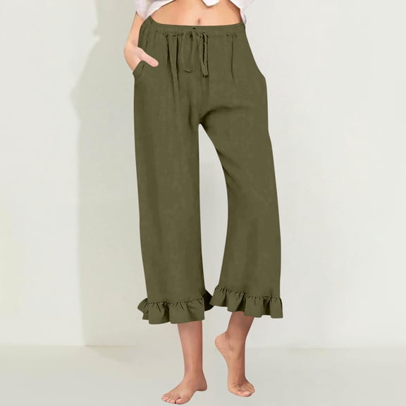 HongQid Womens Summer Capri Pants Elastic Waist Cotton Linen Yoga Cropped Pants Ruffle Hem Trousers