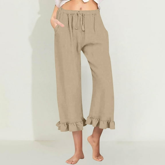 HongQid Womens Summer Capri Pants Elastic Waist Cotton Linen Yoga Cropped Pants Ruffle Hem Trousers