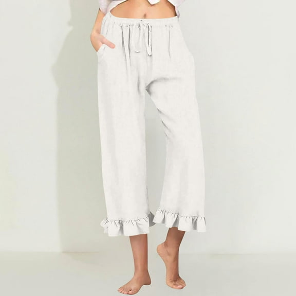 HongQid Womens Summer Capri Pants Elastic Waist Cotton Linen Yoga Cropped Pants Ruffle Hem Trousers