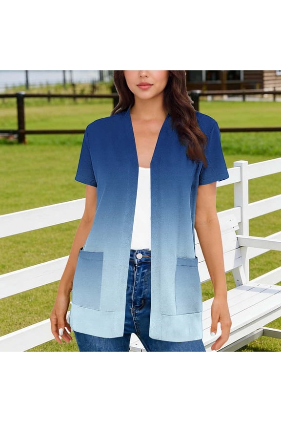 Womens Summer Lightweight Cardigan Short Sleeve Open Front Casual Loose Cover Ups with Two Pockets