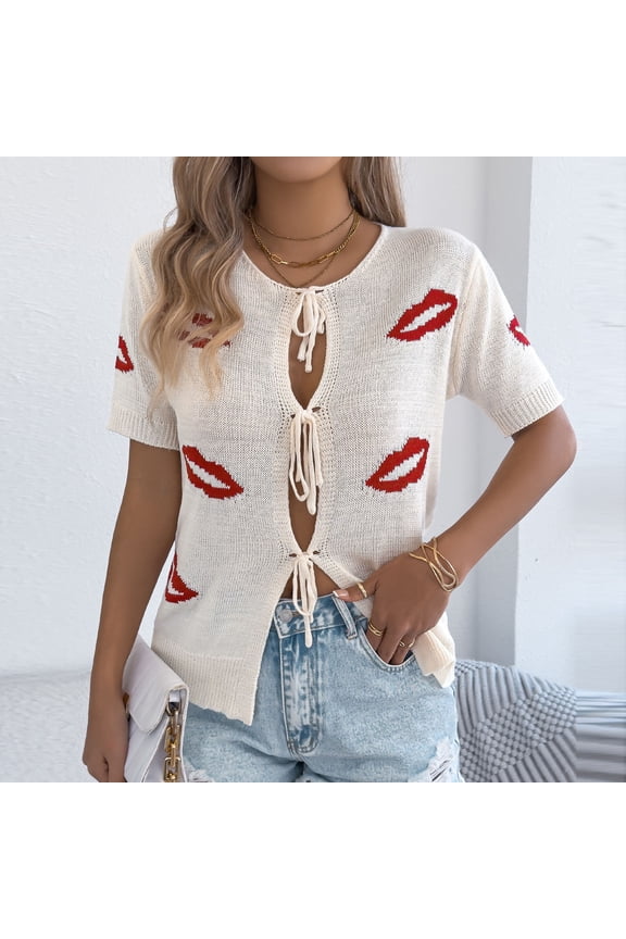Womens Summer Short Sleeve Cardigans Cable Knit Tie Front Button Down Crewneck Lightweight Sweater Tops