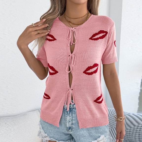 HongQid Womens Summer Short Sleeve Cardigans Cable Knit Tie Front Button Down Crewneck Lightweight Sweater Tops