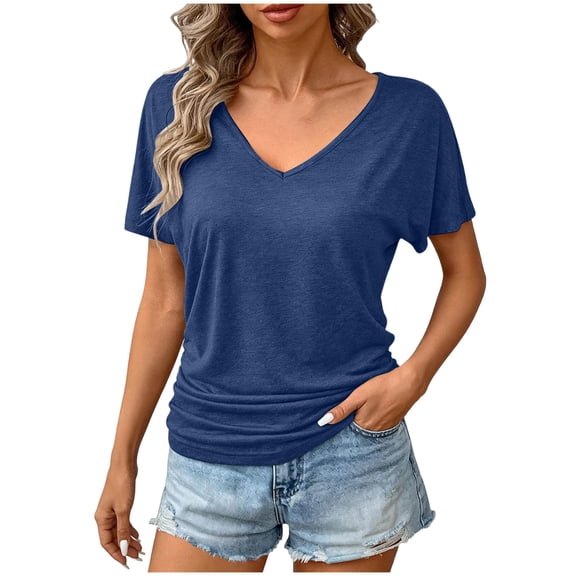 HongQid Womens Summer T-Shirts Short Sleeve V Neck Dolman Tops with Side Shirring Loose Fit Shirts Spring Fashion