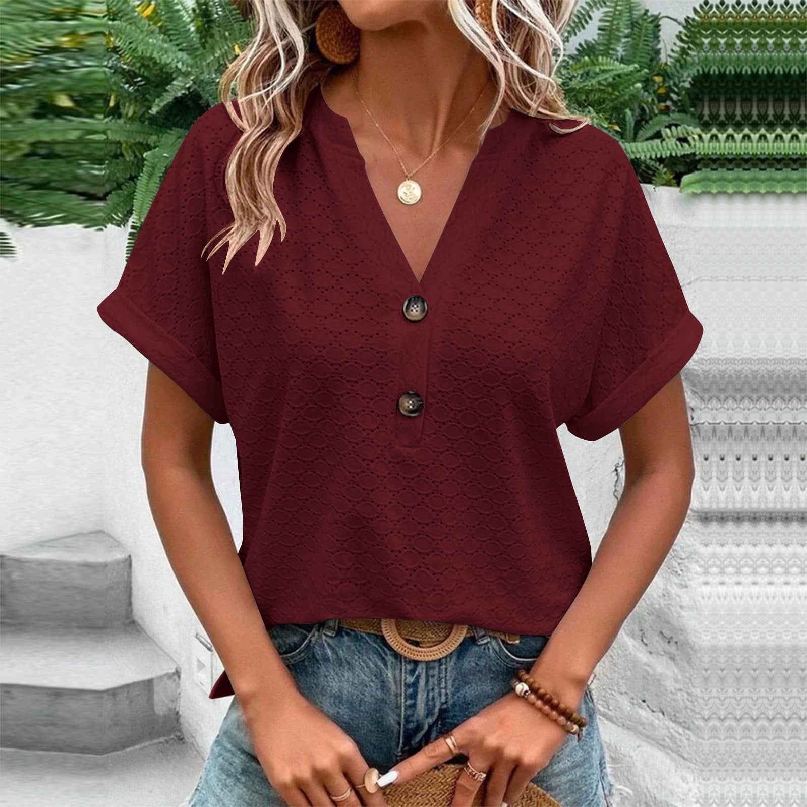 OFEEFAN Women's Summer Tops - Ruffle Short Sleeve V-Neck T-Shirts, Loose Fit Casual Tee (Black, X-Large) - View #5