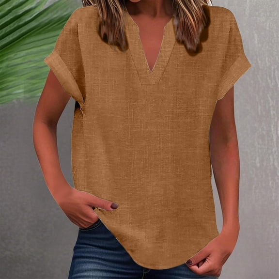 HongQid Womens Summer Tops Short Sleeve V Neck Cotton Linen Shirts Loose Casual T-Shirts