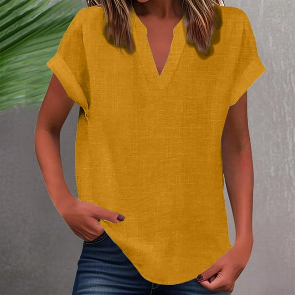 HongQid Womens Summer Tops Short Sleeve V Neck Cotton Linen Shirts Loose Casual T-Shirts