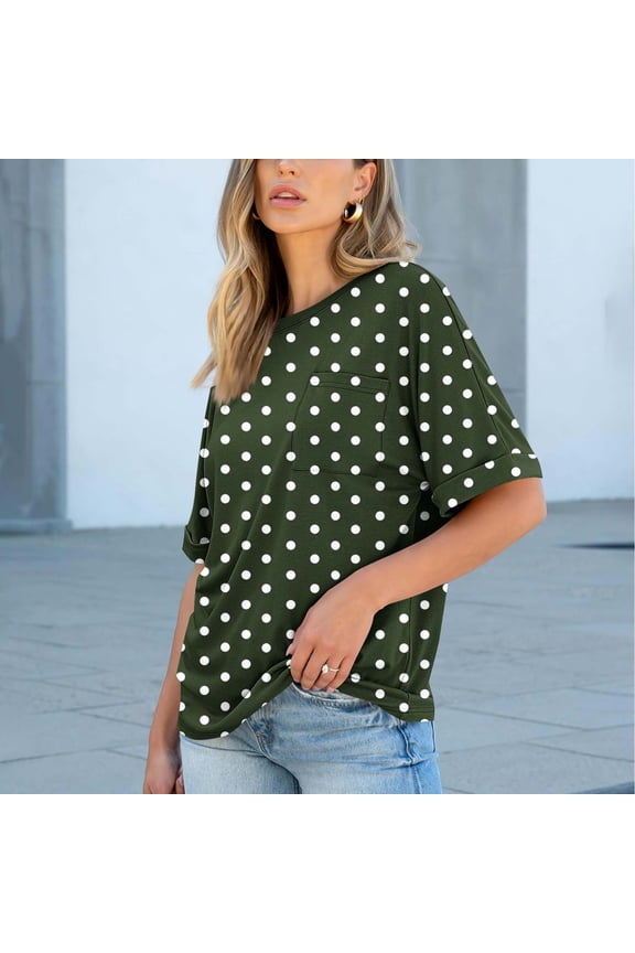 Womens Summer Tops Short Sleeve with Pocket Crew Neck Shirts Loose Casual Tshirts Polka Dots