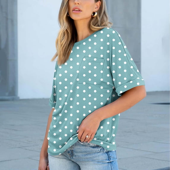 HongQid Womens Summer Tops Short Sleeve with Pocket Crew Neck Shirts Loose Casual Tshirts Polka Dots