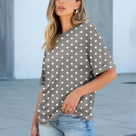 HongQid Womens Summer Tops Short Sleeve with Pocket Crew Neck Shirts Loose Casual Tshirts Polka Dots