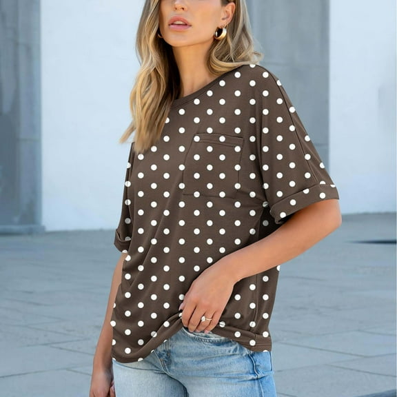 HongQid Womens Summer Tops Short Sleeve with Pocket Crew Neck Shirts Loose Casual Tshirts Polka Dots