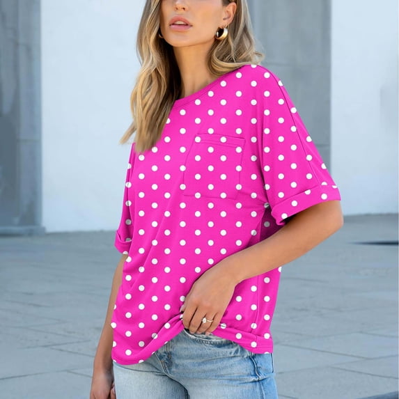 HongQid Womens Summer Tops Short Sleeve with Pocket Crew Neck Shirts Loose Casual Tshirts Polka Dots