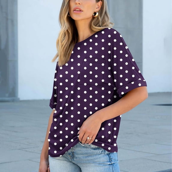 HongQid Womens Summer Tops Short Sleeve with Pocket Crew Neck Shirts Loose Casual Tshirts Polka Dots
