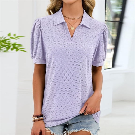 HongQid Womens Summer Tops V Neck T Shirts Puff Short Sleeve Lapel Collared Work Blouses Eyelet Tunics