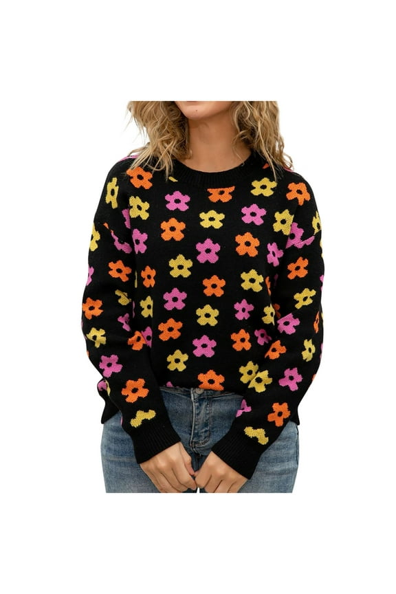 Womens Sweater Long Sleeve Floral Graphic Printed Trendy Casual Round Neck Loose Fit Knit Sweater