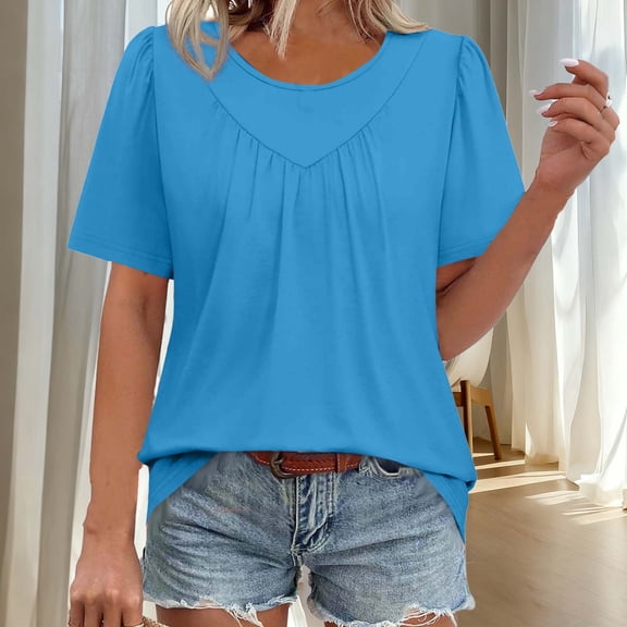 HongQid Womens T Shirts Short Sleeve Summer Tops Pleated Crewneck Dressy Casual Blouses Spring Clothes Beach Vacation