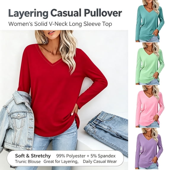 HongQid Womens T Shirts V Neck Long Sleeve Tshirt Basic Tee Curved Hem Tops Layering Clothes Casual Pullover Tees Spring Fall Daily Solid Lightweight Top