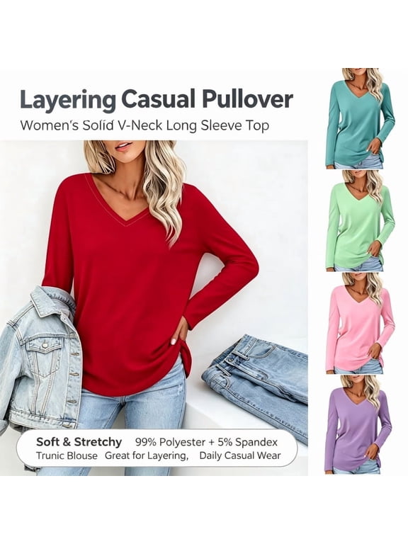 Womens T Shirts V Neck Long Sleeve Tshirt Basic Tee Curved Hem Tops Layering Clothes Casual Pullover Tees Spring Fall Daily Solid Lightweight Top