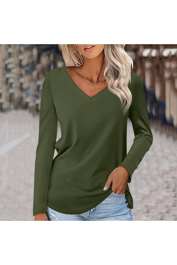 Womens T Shirts V Neck Long Sleeve Tshirt Basic Tee Curved Hem Tops