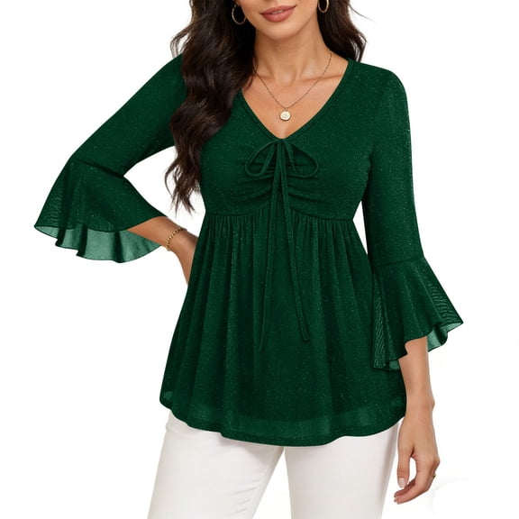 HongQid Womens Tops 3/4 Sleeve Ruffle Dressy Casual Blouses Double Layers V Neck Tunic Shirt