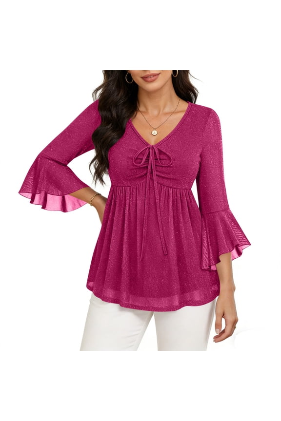 Womens Tops 3/4 Sleeve Ruffle Dressy Casual Blouses Double Layers V Neck Tunic Shirt
