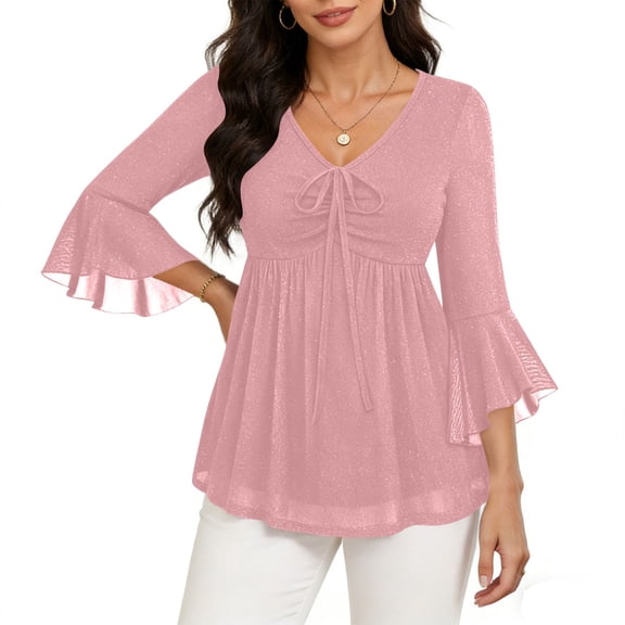 HongQid Womens Tops 3/4 Sleeve Ruffle Dressy Casual Blouses Double Layers V Neck Tunic Shirt