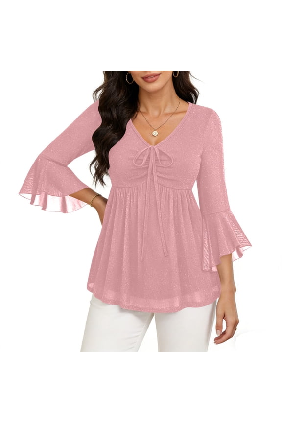 Womens Tops 3/4 Sleeve Ruffle Dressy Casual Blouses Double Layers V Neck Tunic Shirt