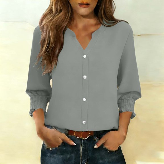 HongQid Womens Tops 3/4 Sleeve V Neck Button Down Shirts Business Casual Outfit Basic Tees Summer Top T Shirts Ruffle Sleeve