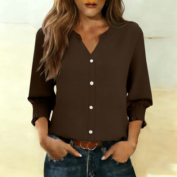 HongQid Womens Tops 3/4 Sleeve V Neck Button Down Shirts Business Casual Outfit Basic Tees Summer Top T Shirts Ruffle Sleeve