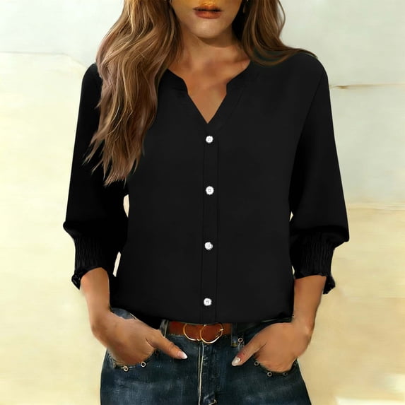 HongQid Womens Tops 3/4 Sleeve V Neck Button Down Shirts Business Casual Outfit Basic Tees Summer Top T Shirts Ruffle Sleeve