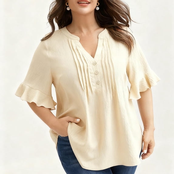 HongQid Womens Tops V Neck Blouses for Women Dressy Casual Flowy Ruffle Short Sleeve Linen Shirts