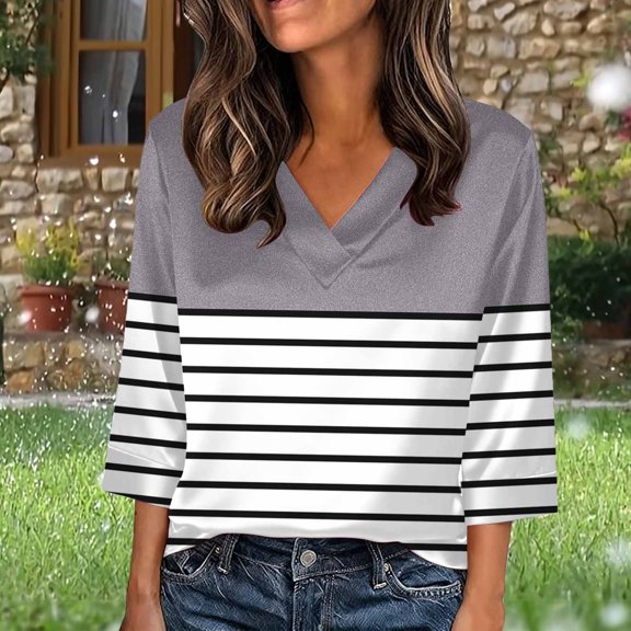 HongQid Womens Tops V Neck Color Block Tee Striped Tunics 3/4 Sleeve Fashion Comfy Shirt Basic Tshirts Satin