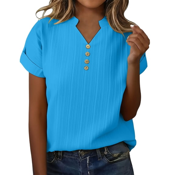 HongQid Womens Tshirts V Neck Short Sleeve Buttons Tops Tee Solid Color Blouse Loose Fit
